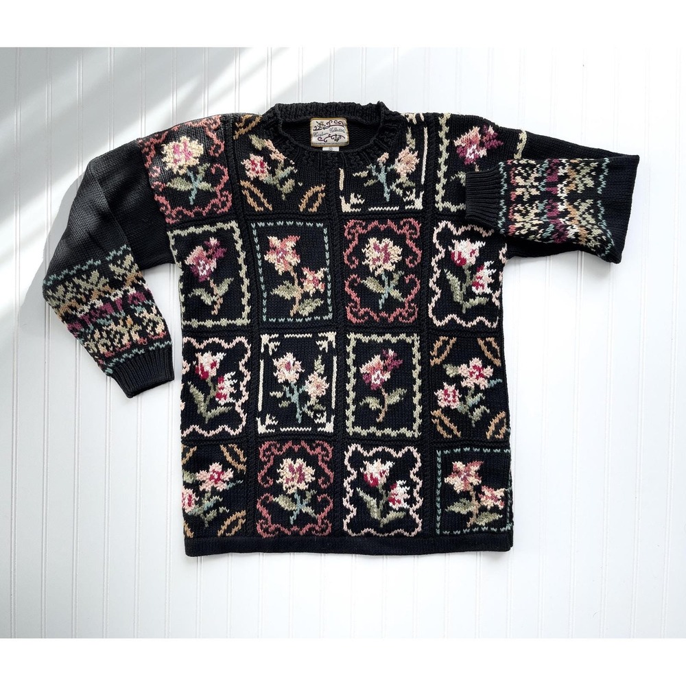vtg Heirloom Collectibles black floral wildflower hand knit sweater size‎ M